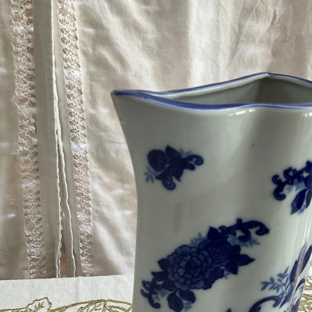 Blue White Floral Chinoiserie Wall Pocket Pitcher Ceramic Vases Cottagecore 2pc